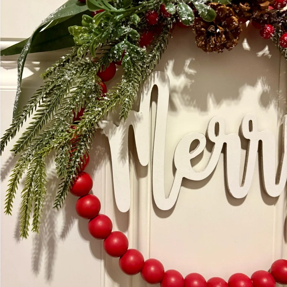 Holiday Wreath with Red Beads and Greenery
